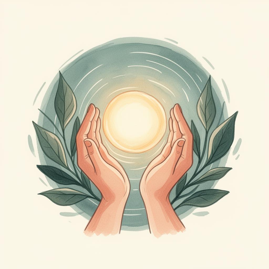 Illustration of two hands gently holding a glowing circle, framed by leaves